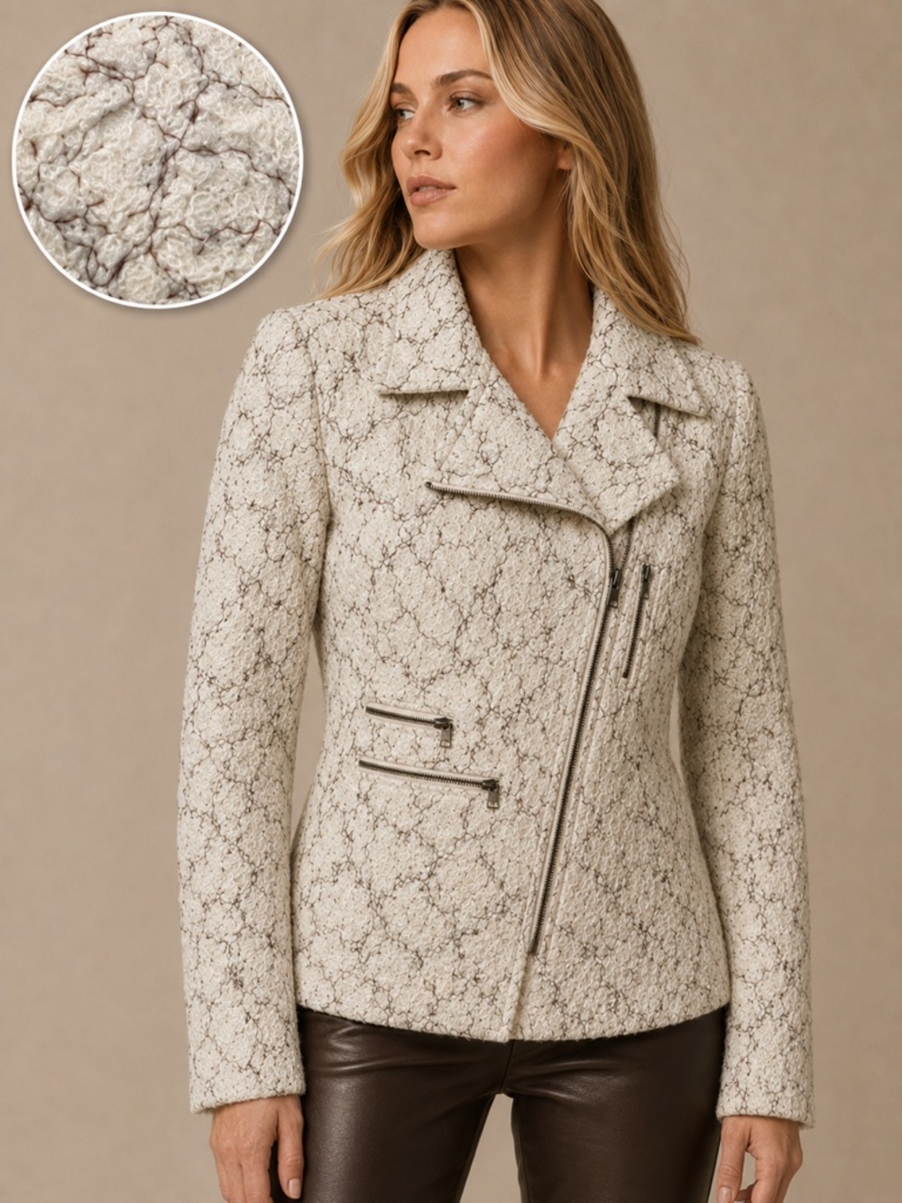 Bianca Nygård - Textured Moto Jacket Cream Brown Zip Boutique Style - SZ 6